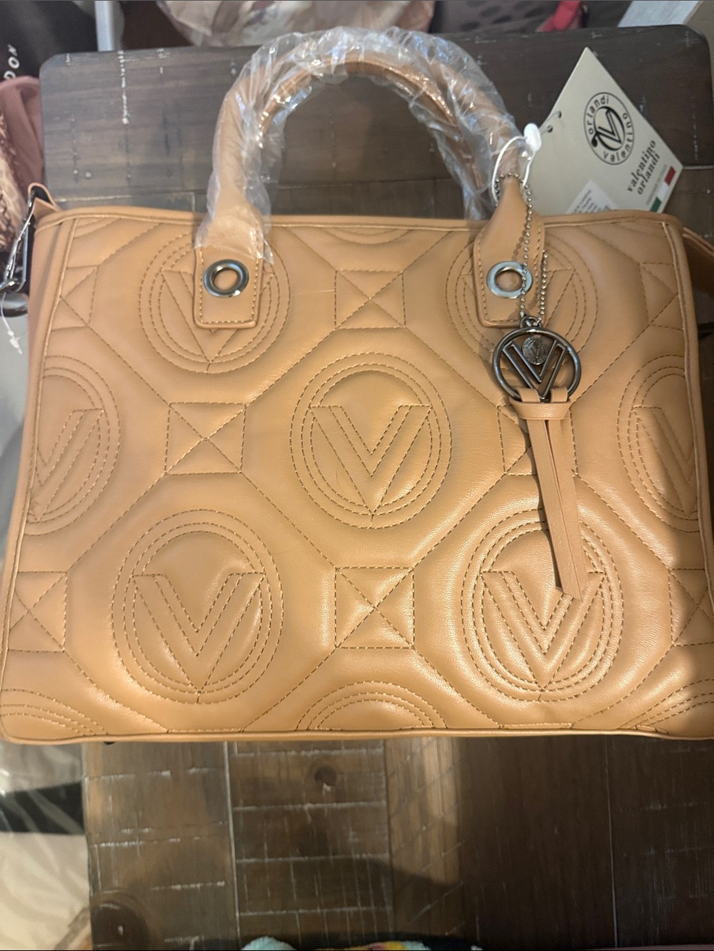 Valentino Orlandi Beige Quilted Tote Bag with Logo Charm and Logo Pouch - Picture 1 of 13